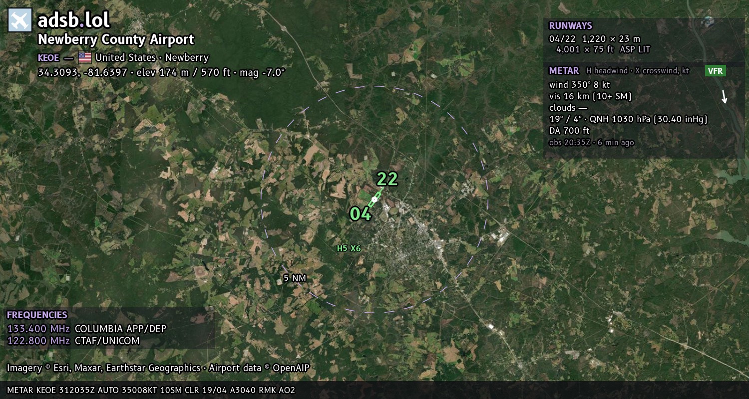 Satellite map with the runway layout of Newberry County Airport (KEOE)