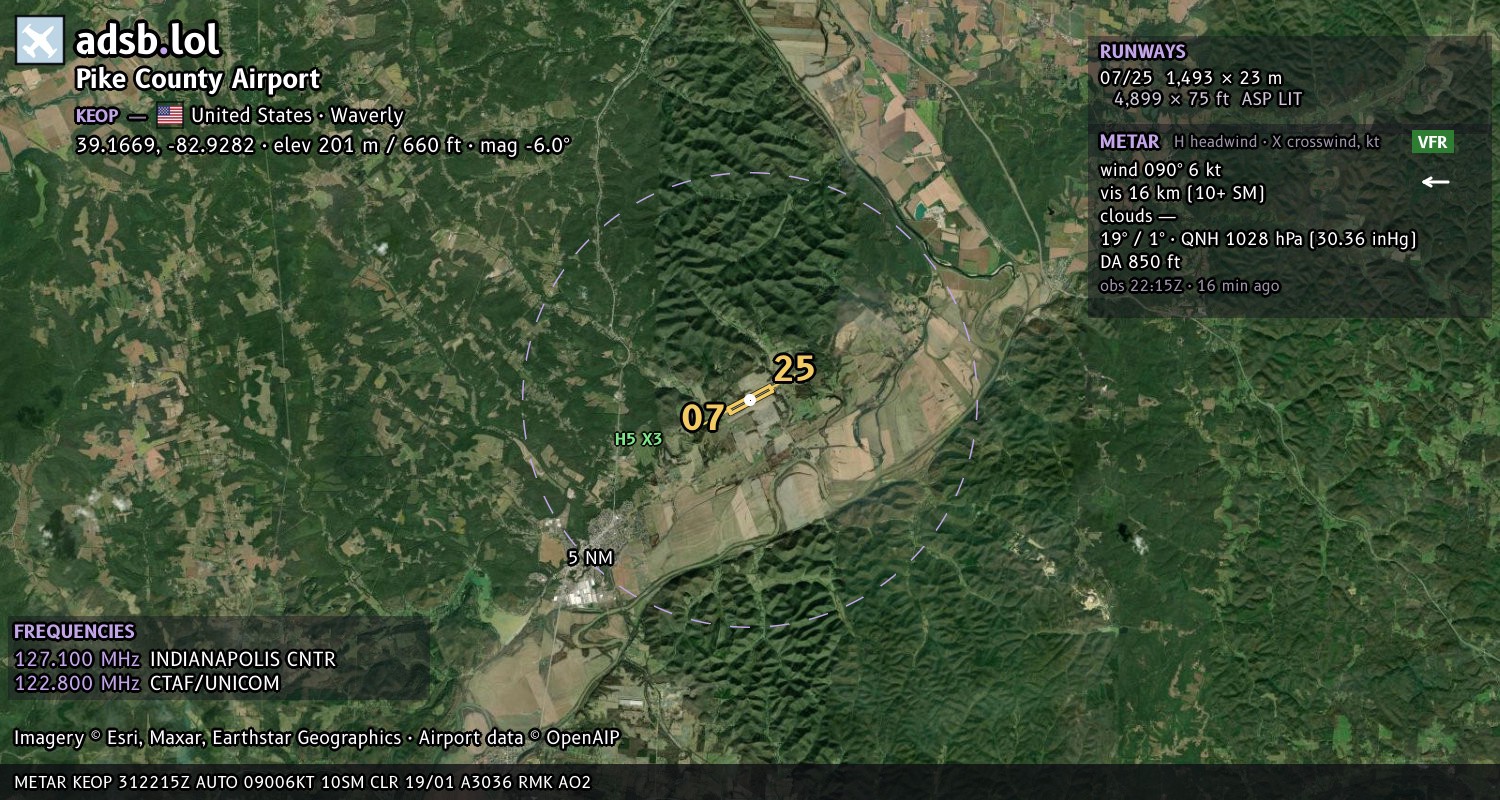 Satellite map with the runway layout of Pike County Airport (KEOP)