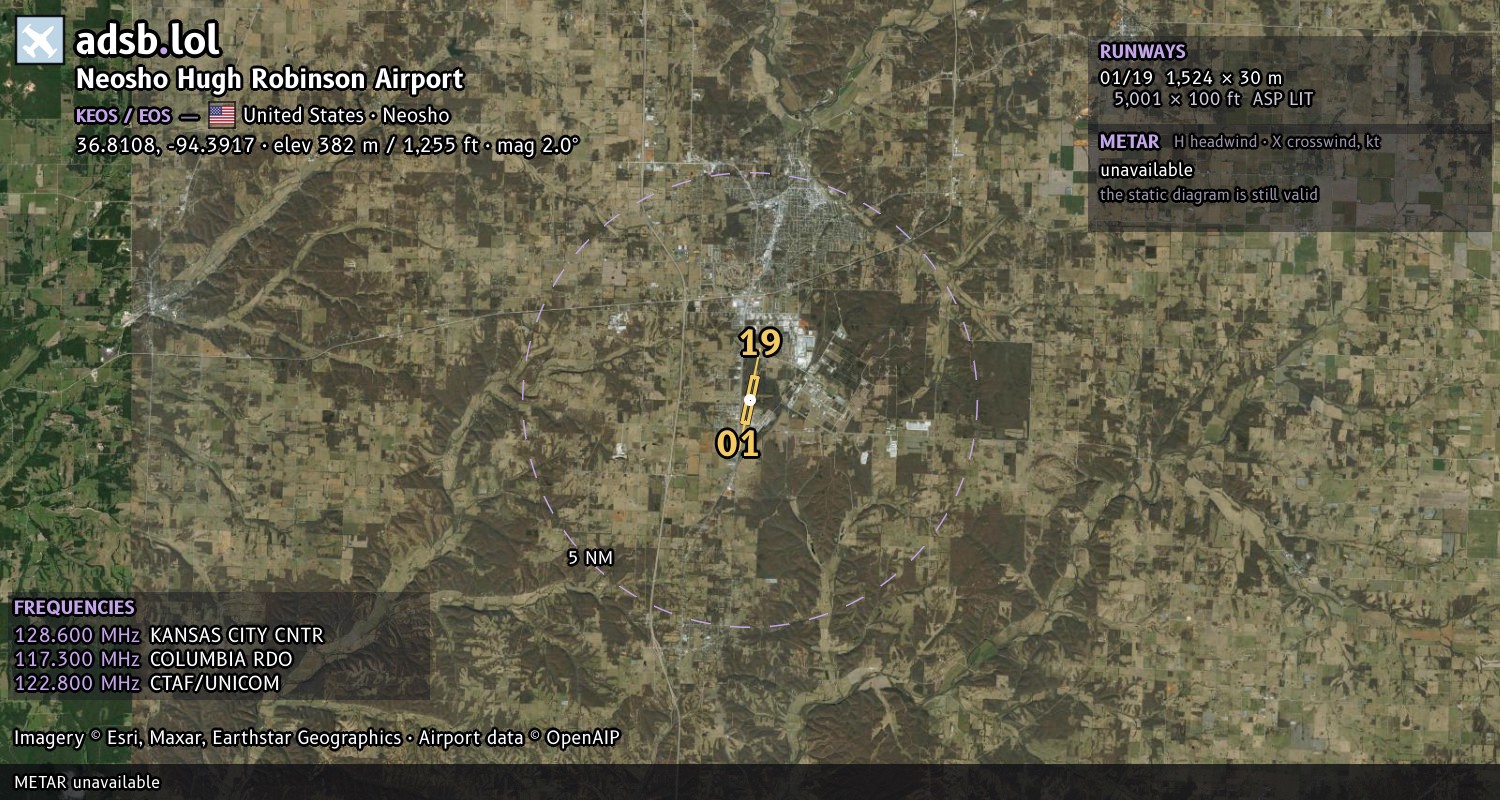 Satellite map with the runway layout of Neosho Hugh Robinson Airport (KEOS)