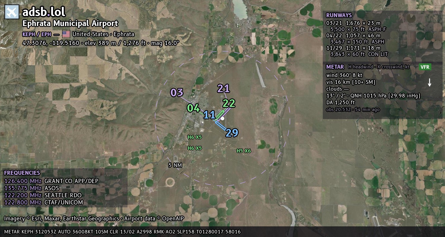 Satellite map with the runway layout of Ephrata Municipal Airport (KEPH)