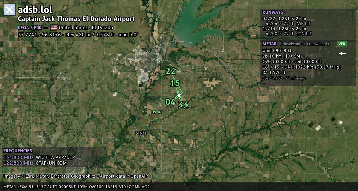 Satellite map with the runway layout of Captain Jack Thomas El Dorado Airport (KEQA)