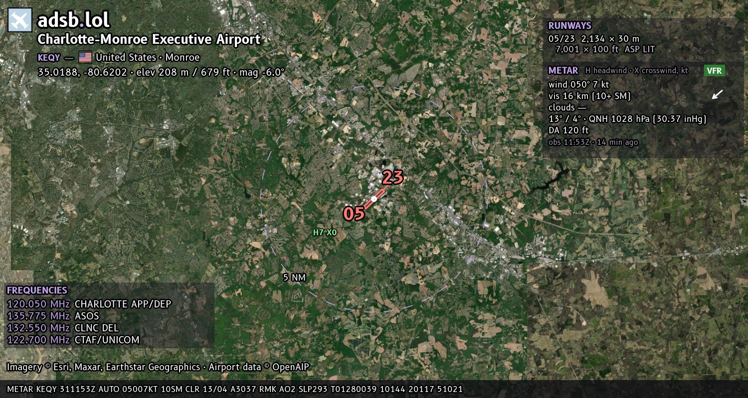 Satellite map with the runway layout of Charlotte-Monroe Executive Airport (KEQY)