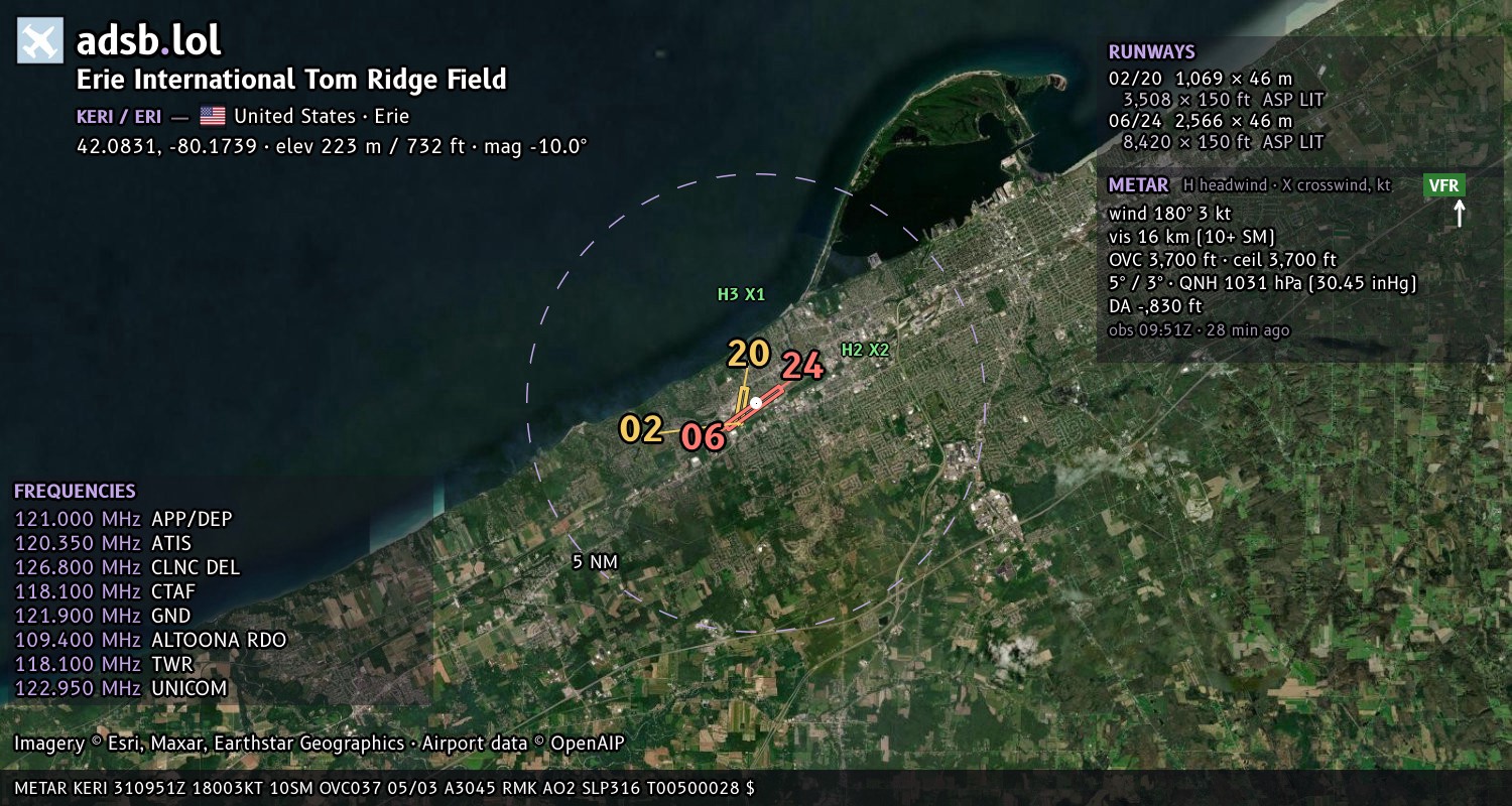 Satellite map with the runway layout of Erie International Tom Ridge Field (KERI)