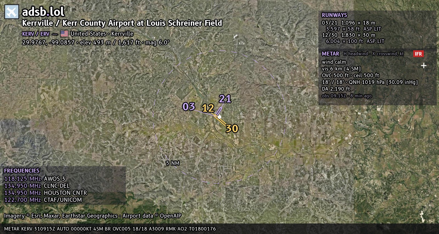Satellite map with the runway layout of Kerrville / Kerr County Airport at Louis Schreiner Field (KERV)