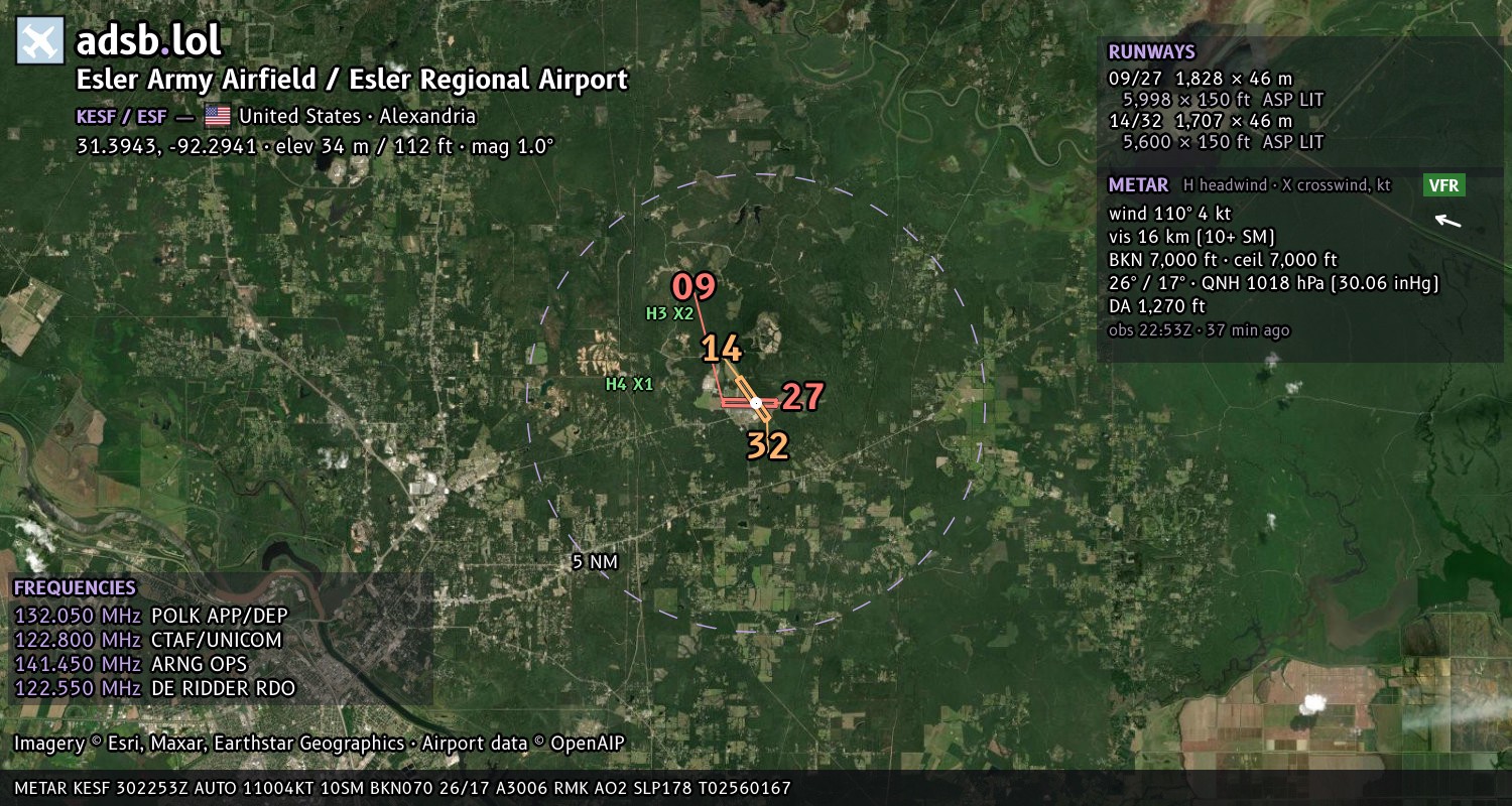 Satellite map with the runway layout of Esler Army Airfield / Esler Regional Airport (KESF)
