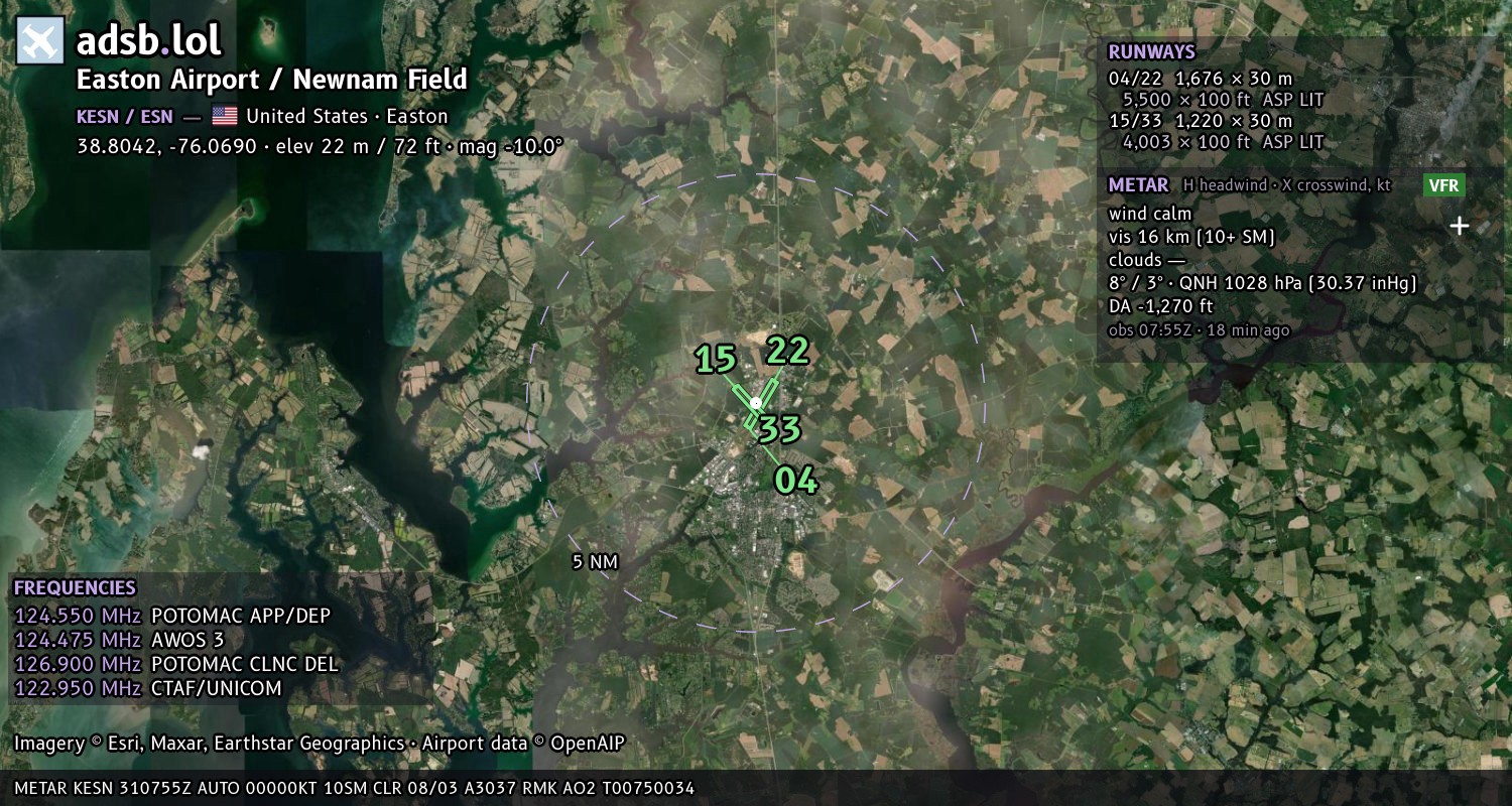 Satellite map with the runway layout of Easton Airport / Newnam Field (KESN)