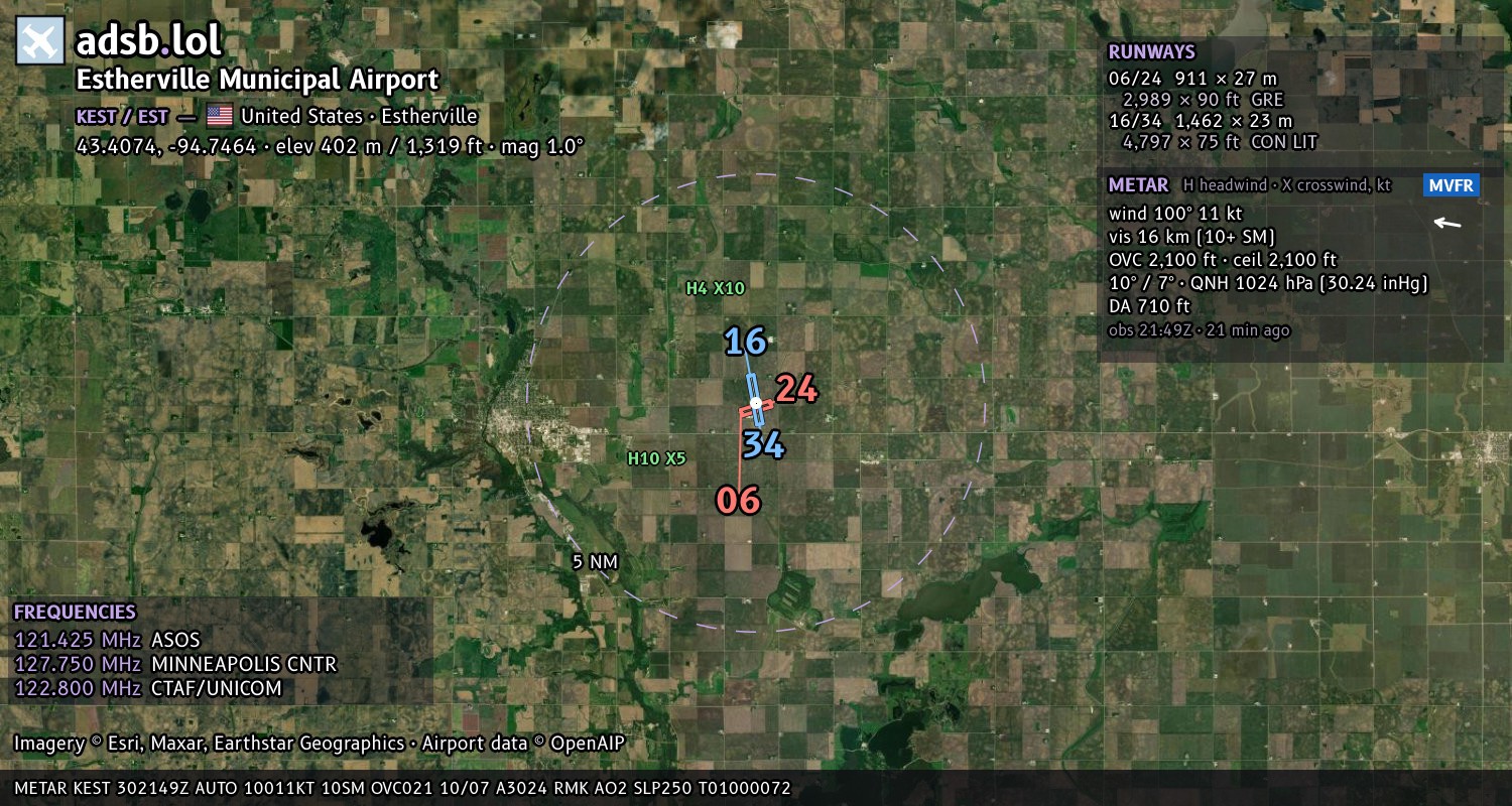 Satellite map with the runway layout of Estherville Municipal Airport (KEST)