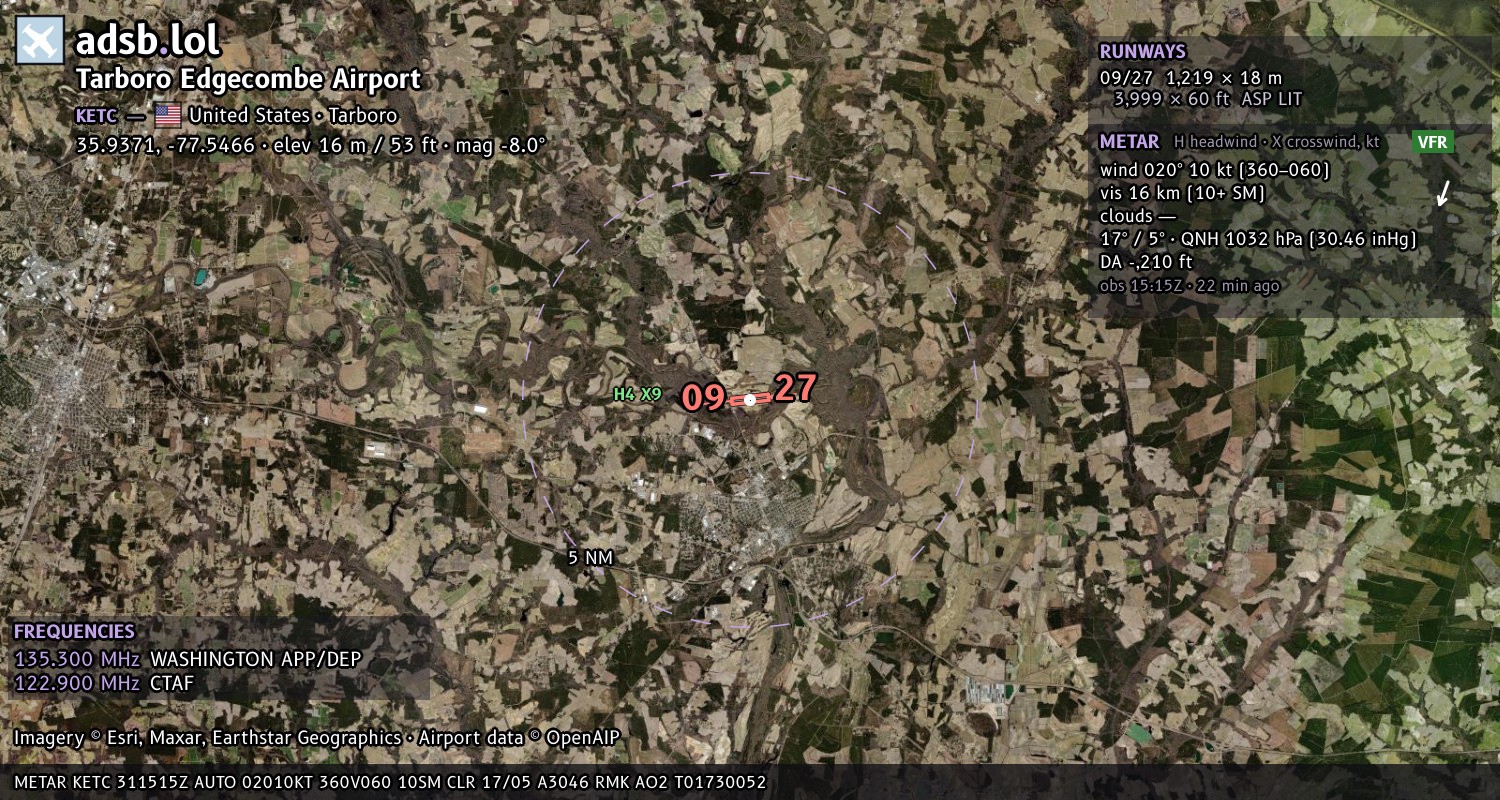 Satellite map with the runway layout of Tarboro Edgecombe Airport (KETC)