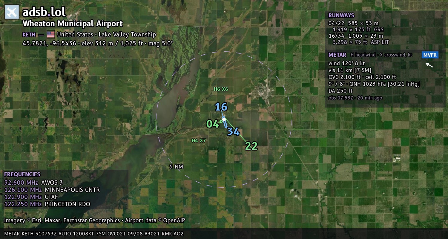 Satellite map with the runway layout of Wheaton Municipal Airport (KETH)
