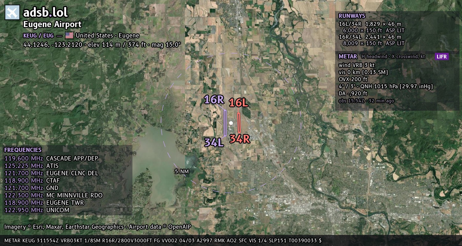 Satellite map with the runway layout of Eugene Airport (KEUG)