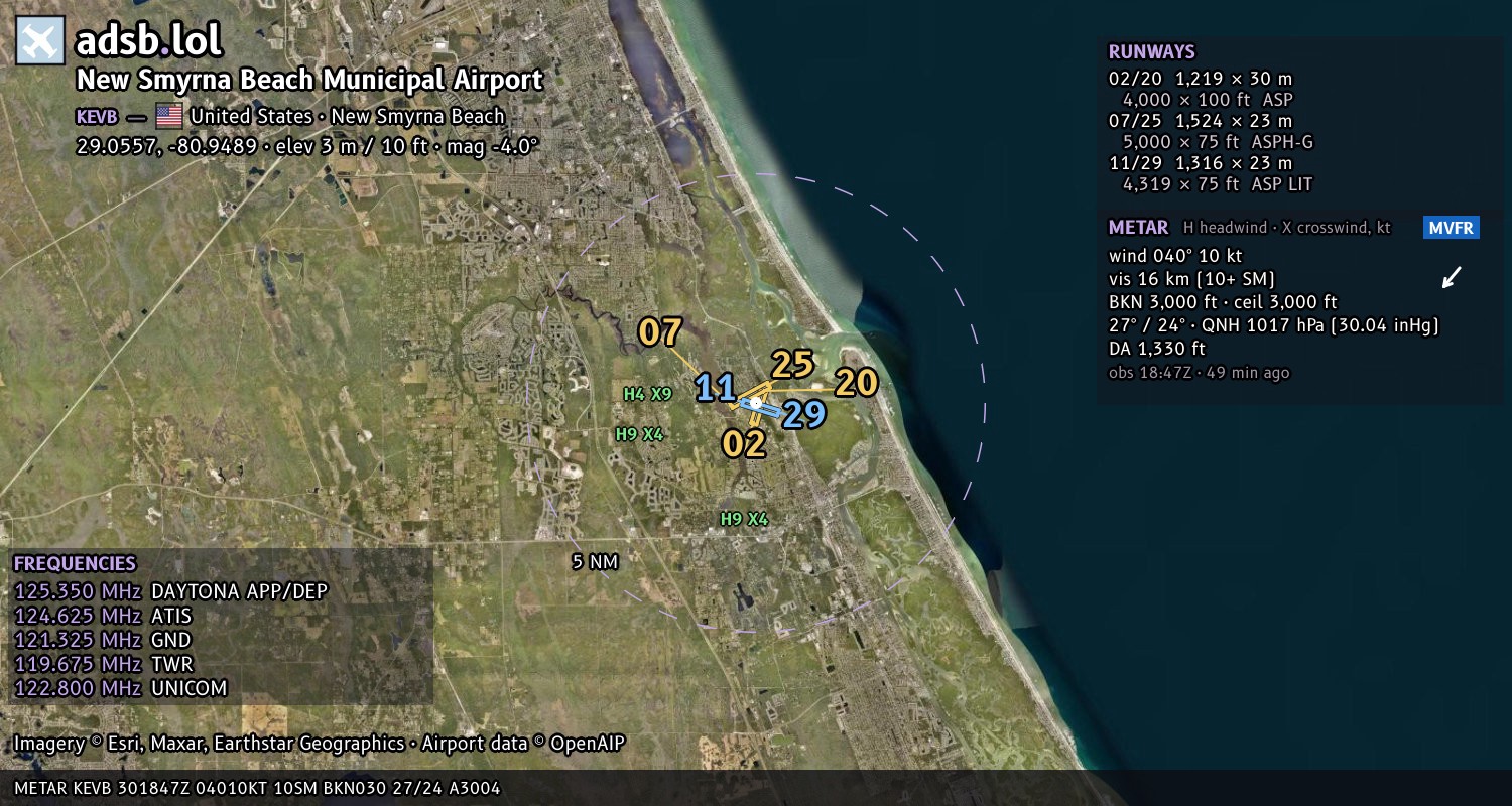 Satellite map with the runway layout of New Smyrna Beach Municipal Airport (KEVB)