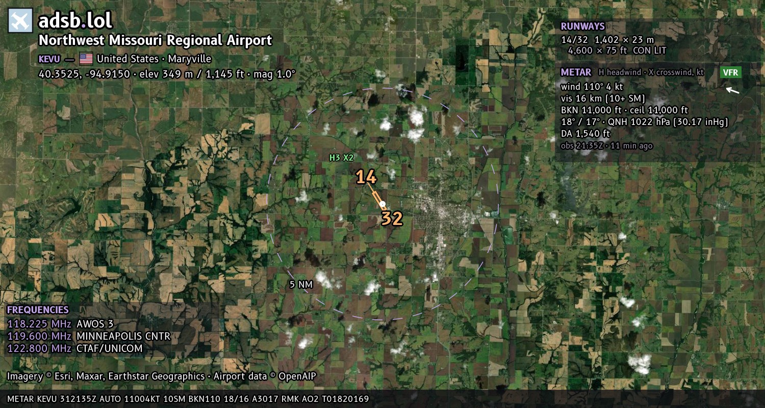 Satellite map with the runway layout of Northwest Missouri Regional Airport (KEVU)