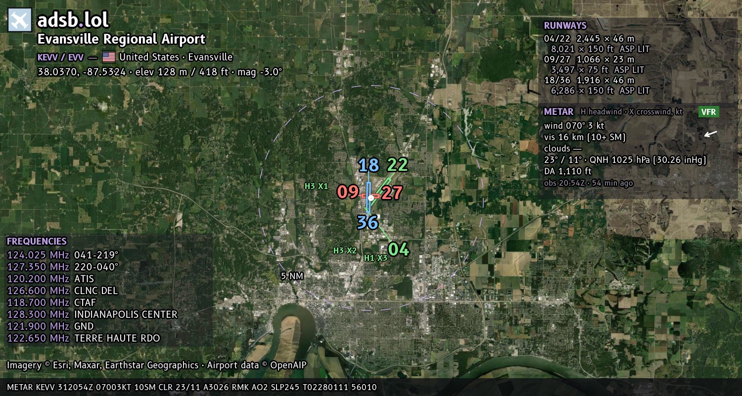 Satellite map with the runway layout of Evansville Regional Airport (KEVV)
