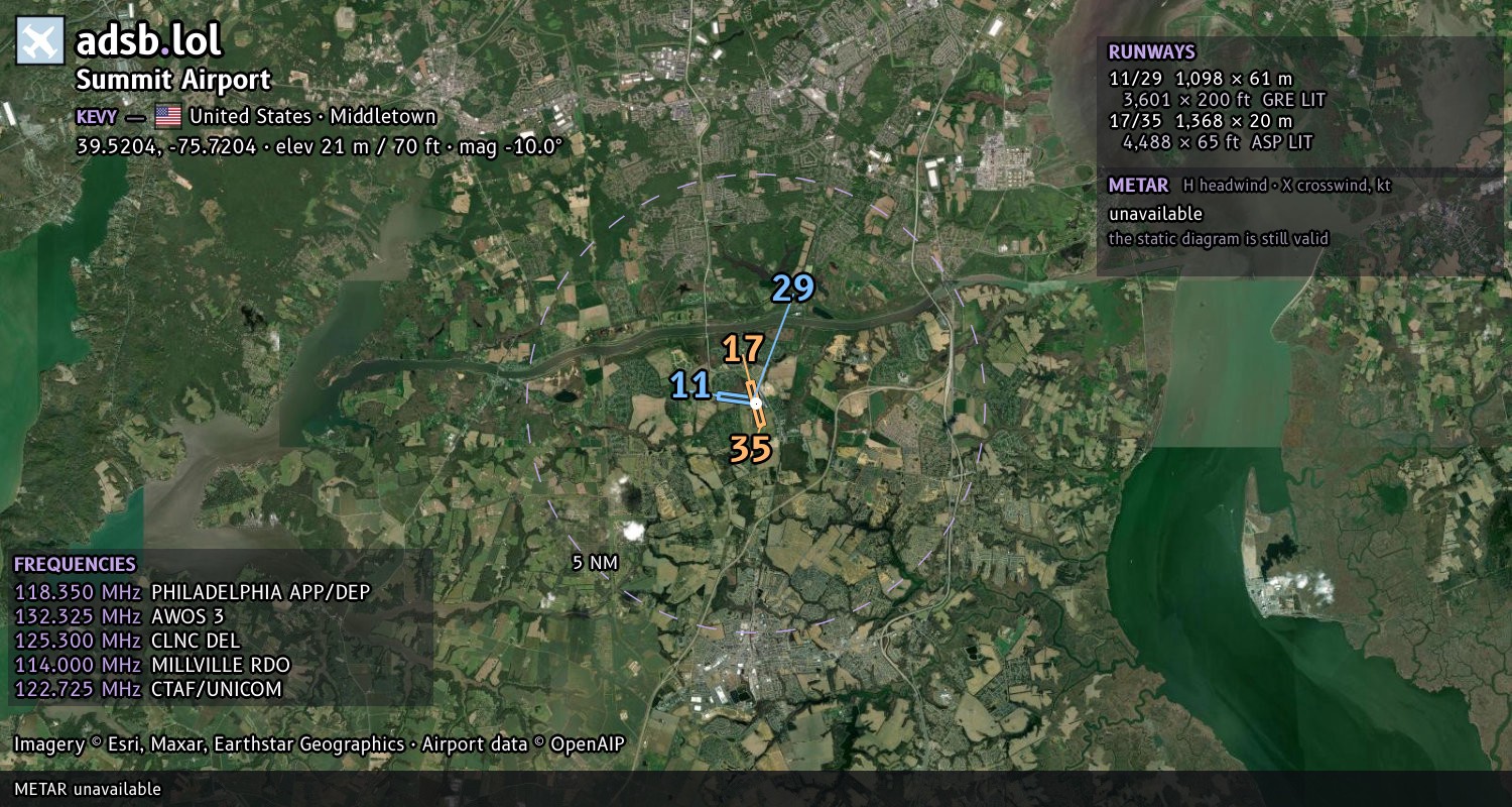 Satellite map with the runway layout of Summit Airport (KEVY)