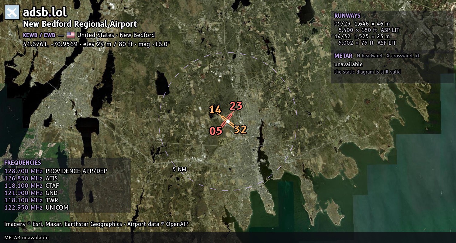 Satellite map with the runway layout of New Bedford Regional Airport (KEWB)