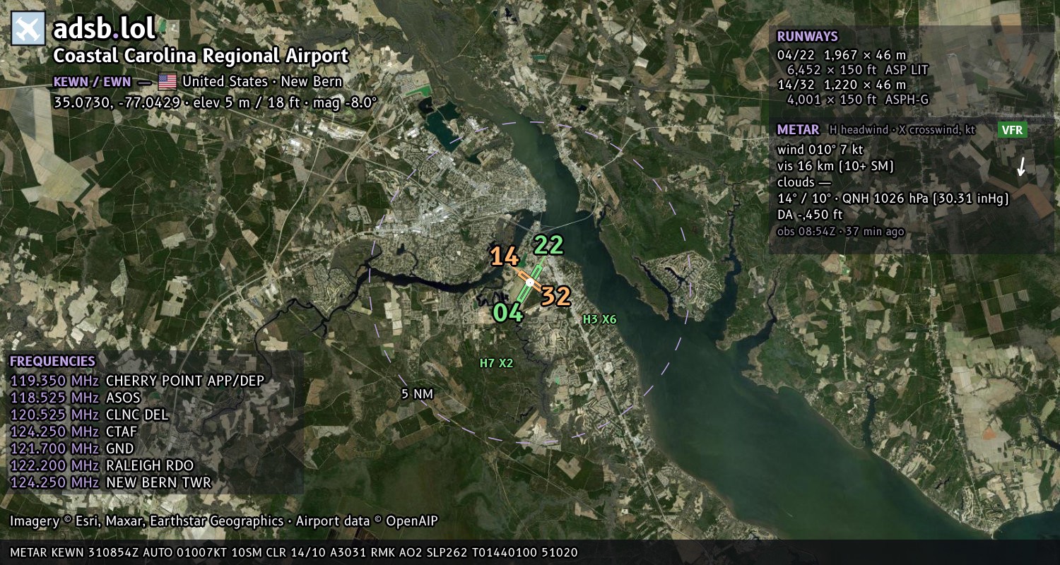 Satellite map with the runway layout of Coastal Carolina Regional Airport (KEWN)