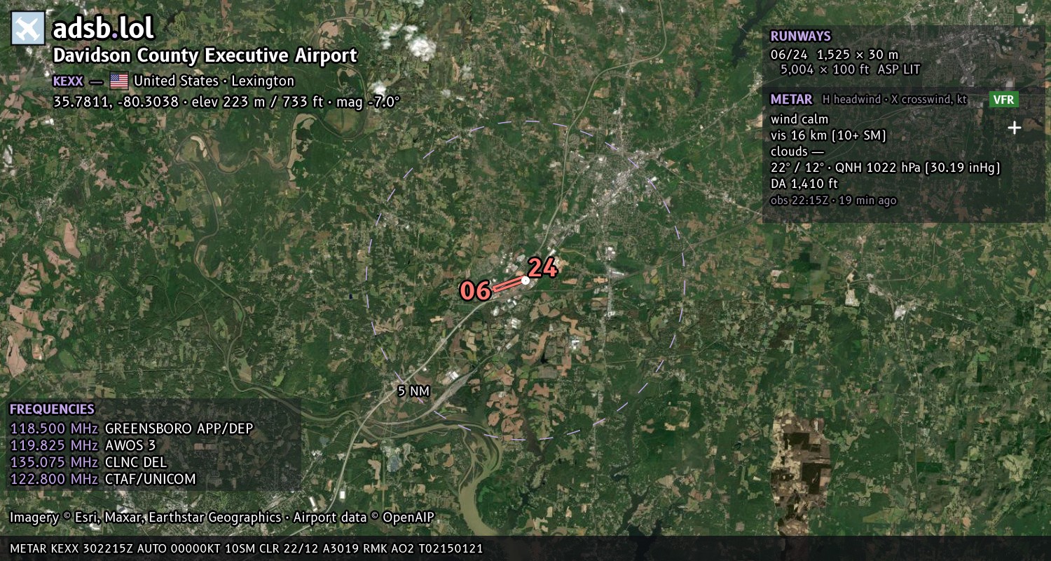 Satellite map with the runway layout of Davidson County Executive Airport (KEXX)