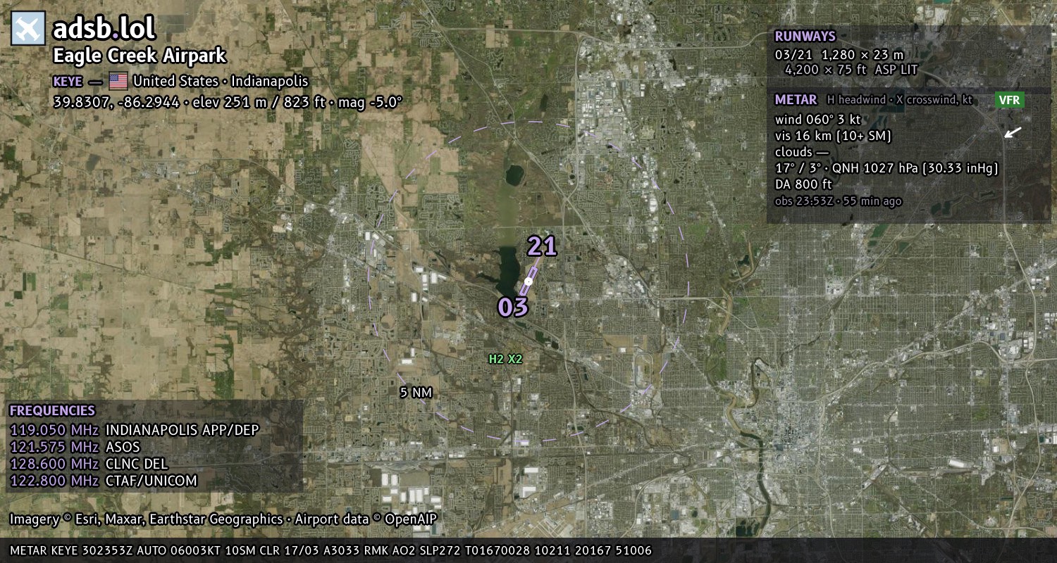 Satellite map with the runway layout of Eagle Creek Airpark (KEYE)