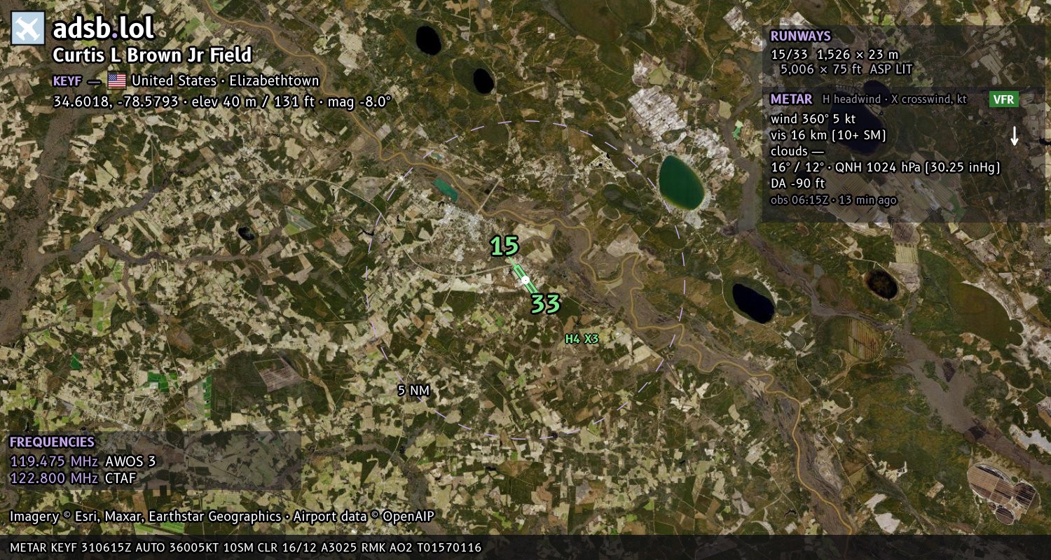 Satellite map with the runway layout of Curtis L Brown Jr Field (KEYF)
