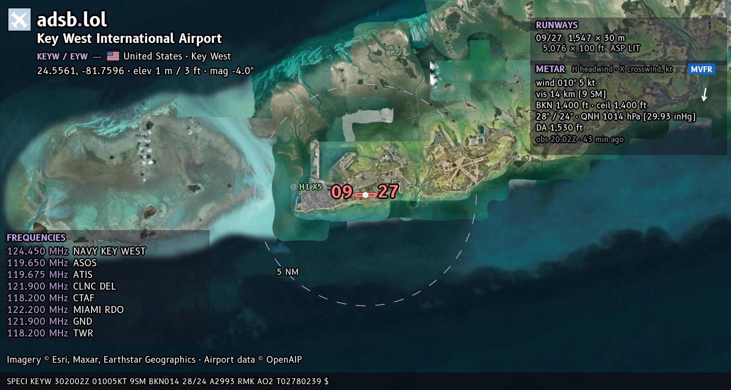 Satellite map with the runway layout of Key West International Airport (KEYW)