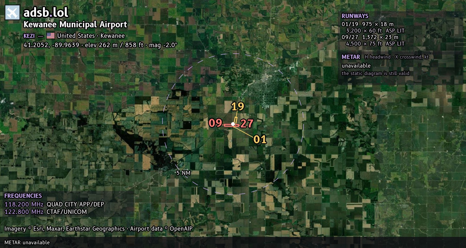 Satellite map with the runway layout of Kewanee Municipal Airport (KEZI)