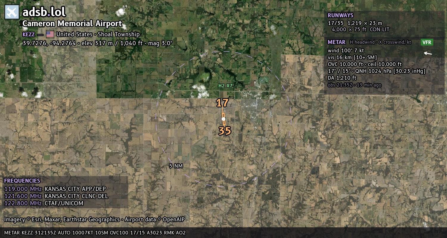Satellite map with the runway layout of Cameron Memorial Airport (KEZZ)