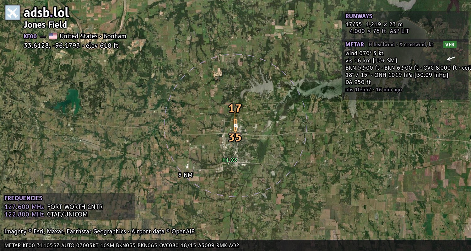Satellite map with the runway layout of Jones Field (KF00)