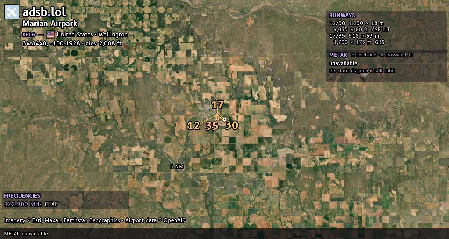Satellite map with the runway layout of Marian Airpark (KF06)