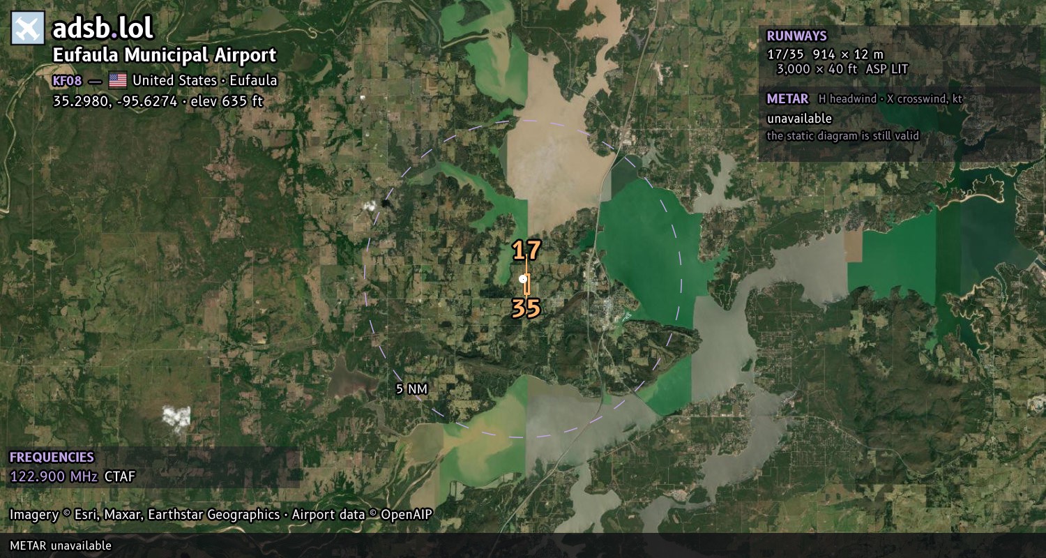 Satellite map with the runway layout of Eufaula Municipal Airport (KF08)