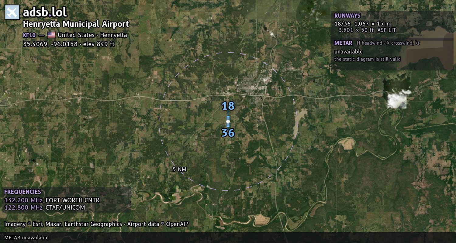 Satellite map with the runway layout of Henryetta Municipal Airport (KF10)