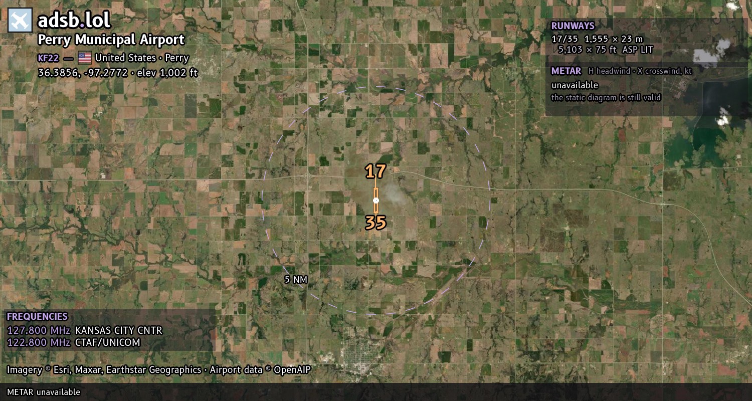 Satellite map with the runway layout of Perry Municipal Airport (KF22)