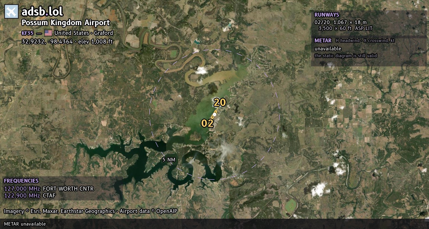Satellite map with the runway layout of Possum Kingdom Airport (KF35)