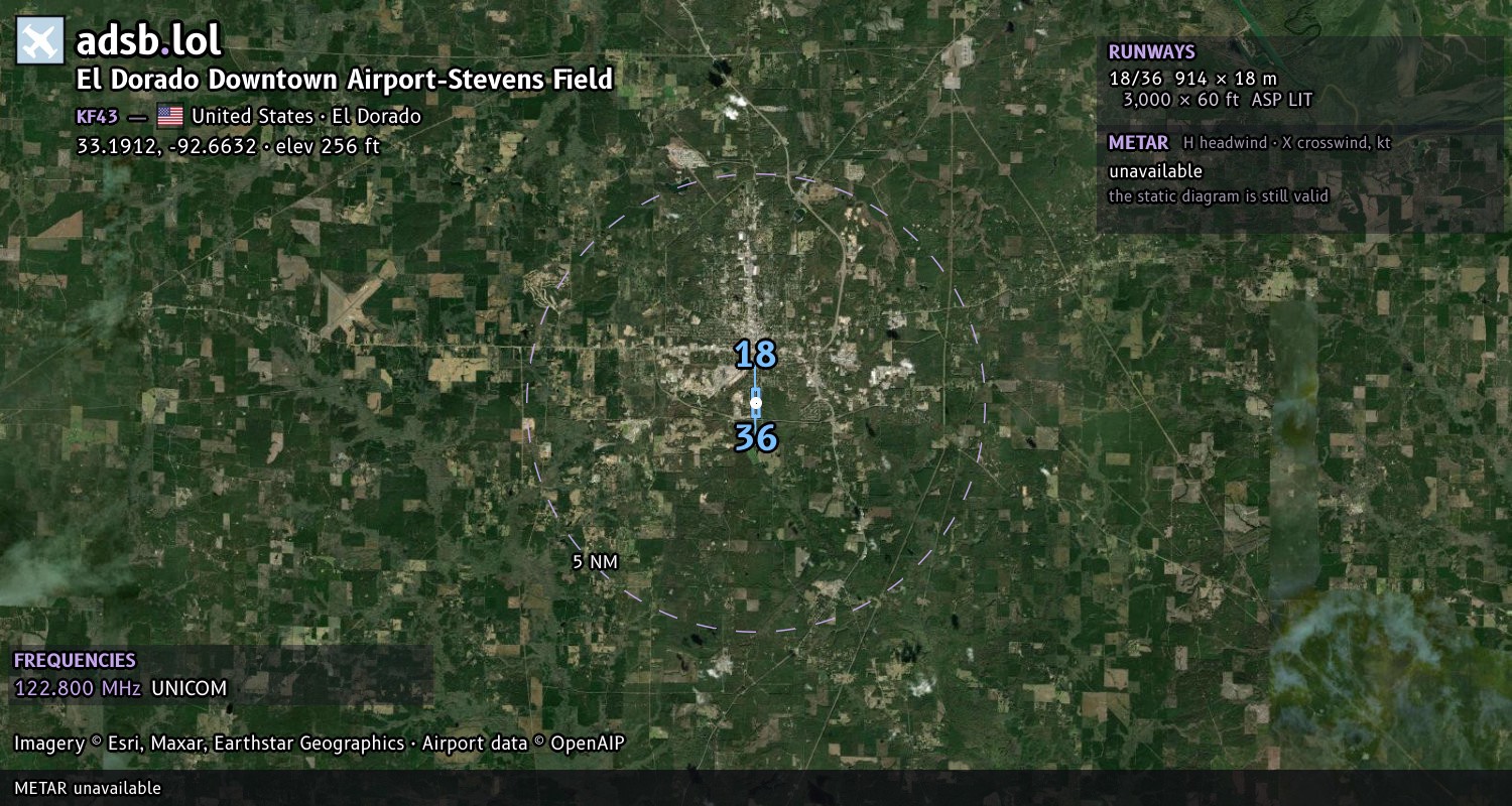 Satellite map with the runway layout of El Dorado Downtown Airport-Stevens Field (KF43)
