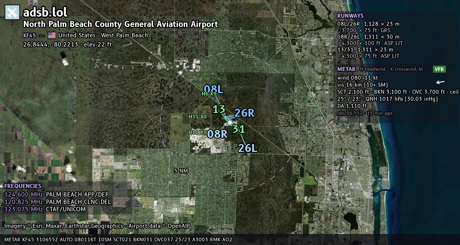 Satellite map with the runway layout of North Palm Beach County General Aviation Airport (KF45)