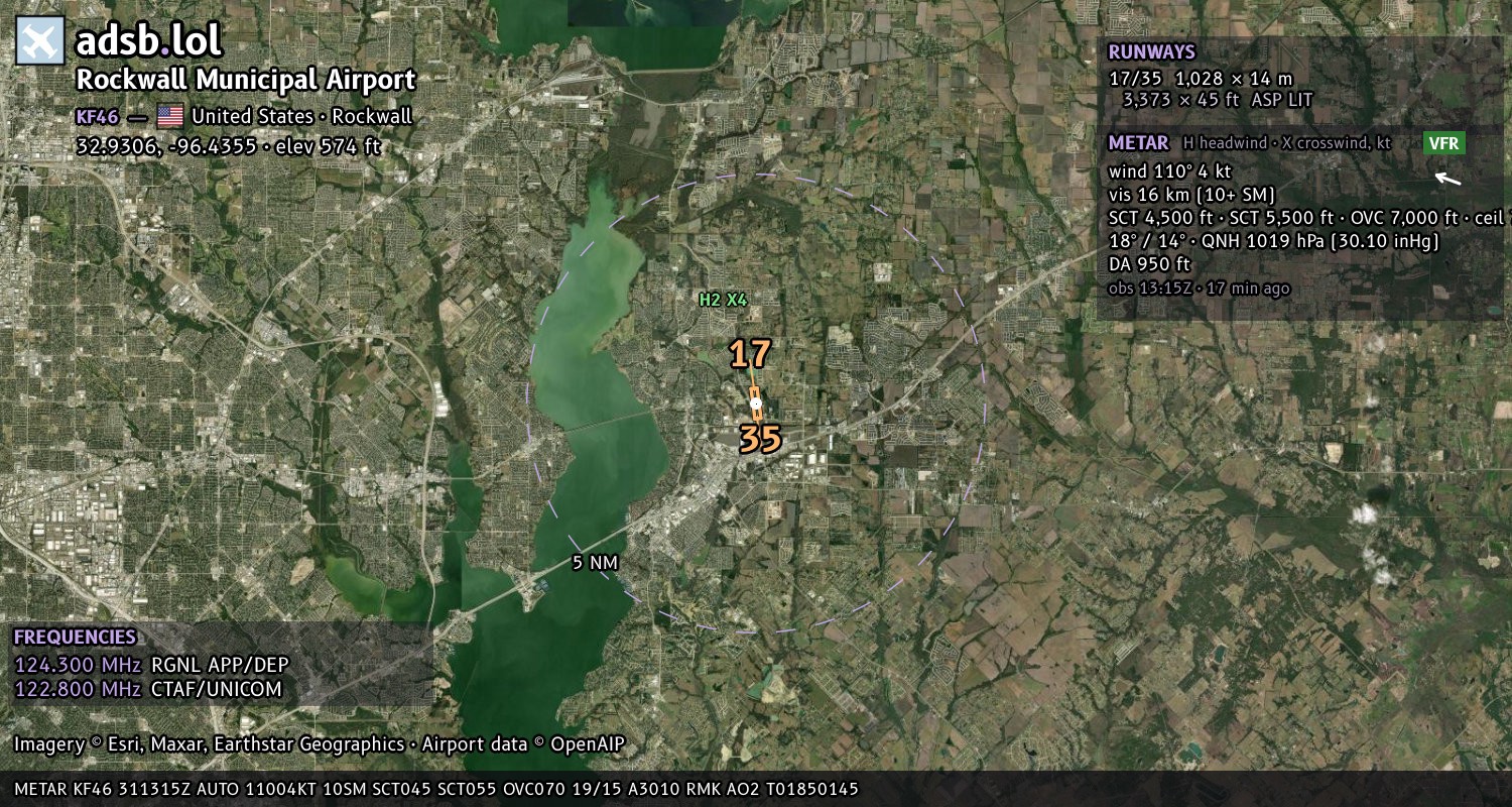 Satellite map with the runway layout of Rockwall Municipal Airport (KF46)