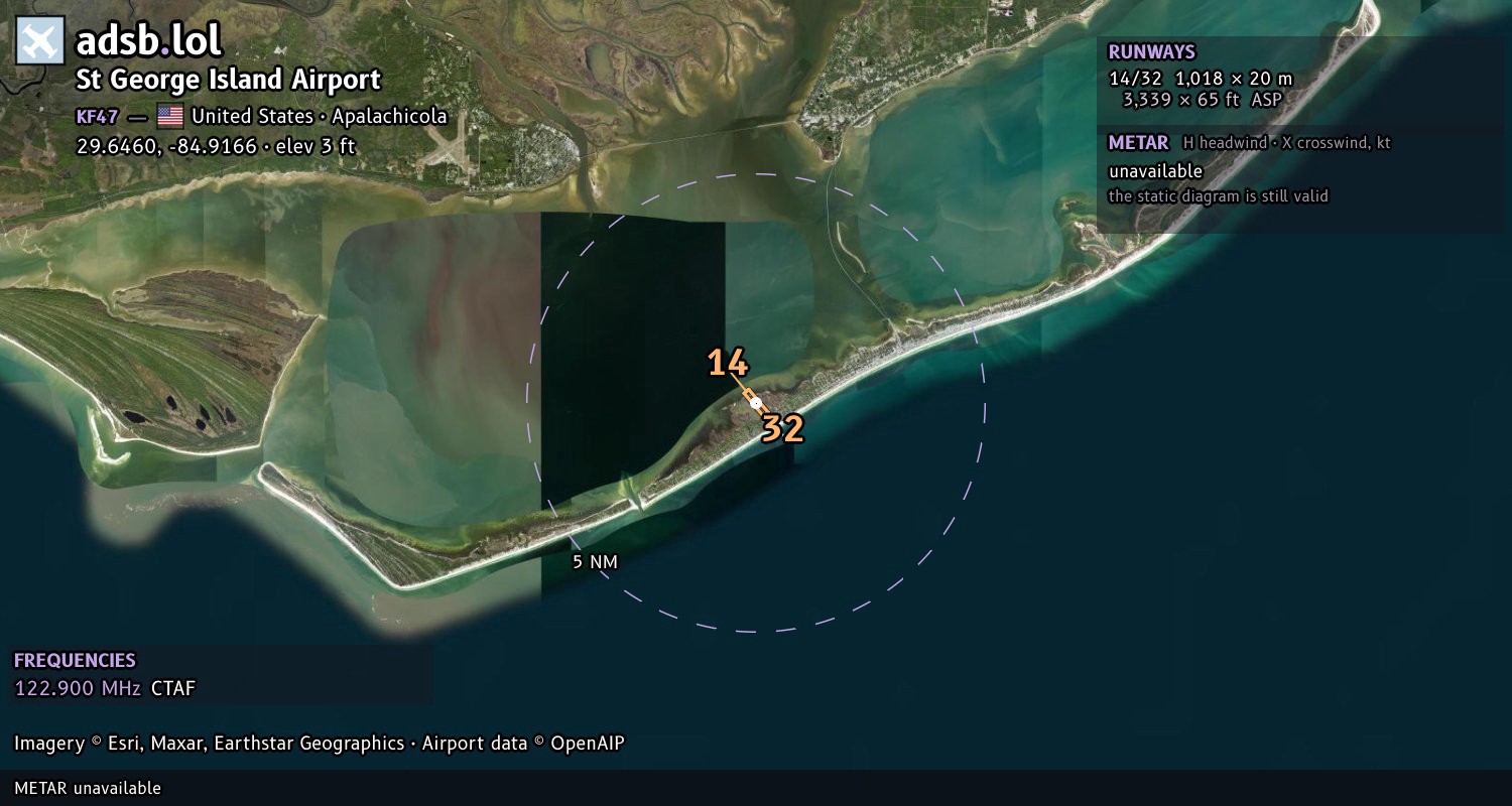 Satellite map with the runway layout of St George Island Airport (KF47)