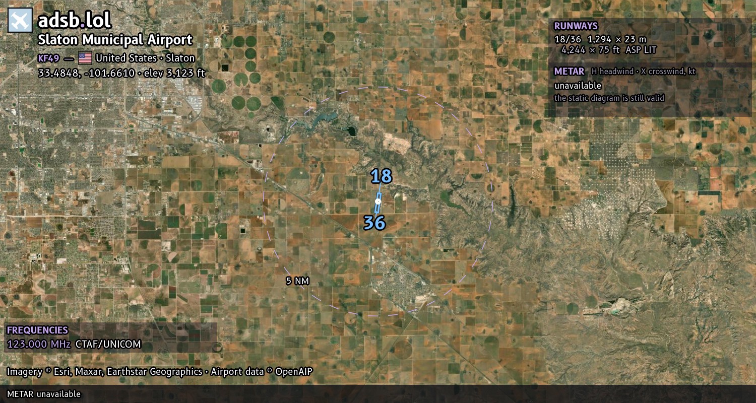 Satellite map with the runway layout of Slaton Municipal Airport (KF49)