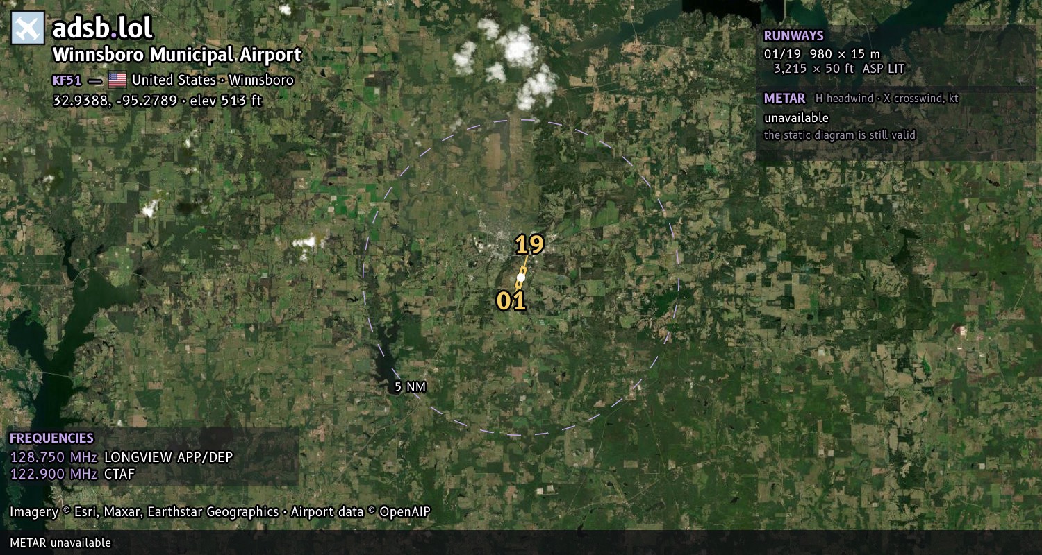 Satellite map with the runway layout of Winnsboro Municipal Airport (KF51)