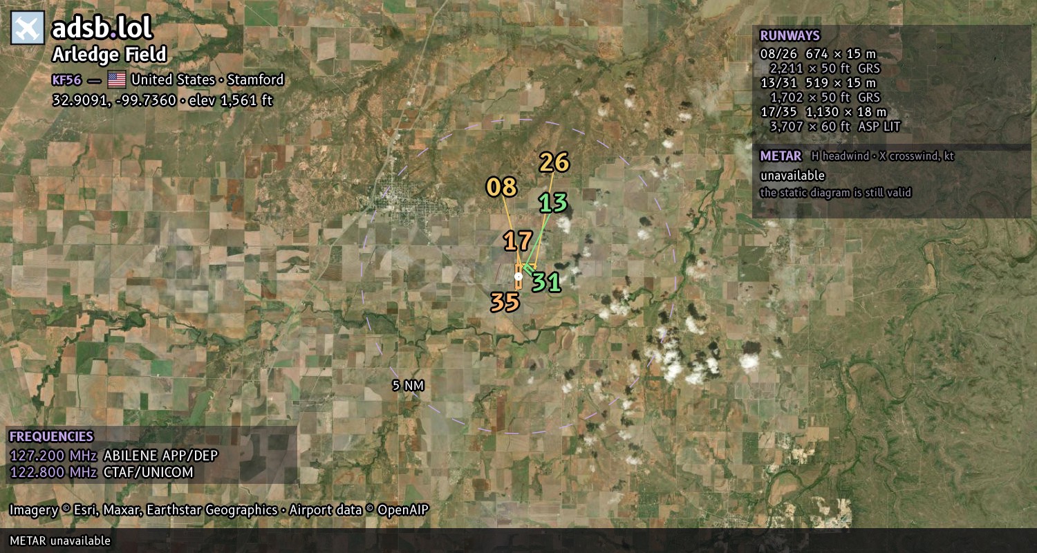 Satellite map with the runway layout of Arledge Field (KF56)