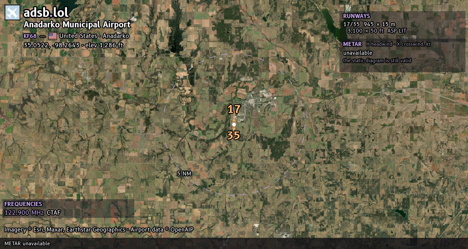 Satellite map with the runway layout of Anadarko Municipal Airport (KF68)