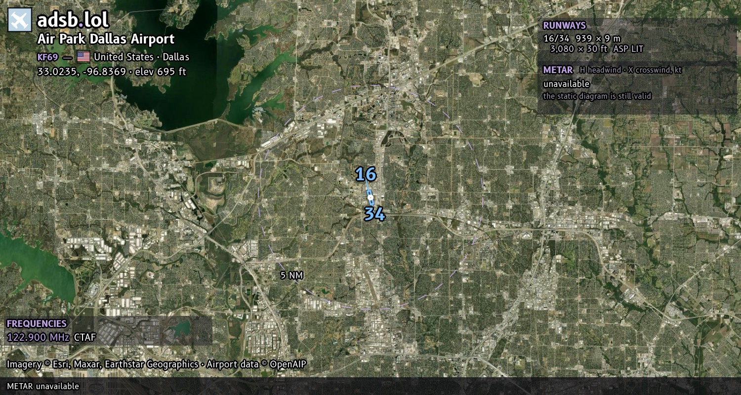 Satellite map with the runway layout of Air Park Dallas Airport (KF69)