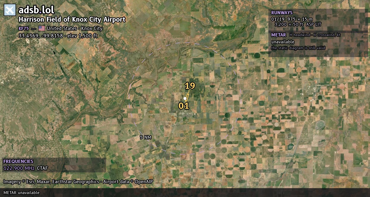 Satellite map with the runway layout of Harrison Field of Knox City Airport (KF75)
