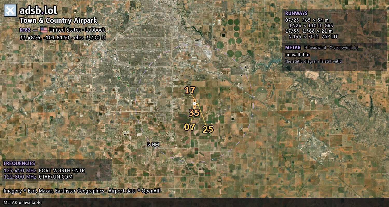 Satellite map with the runway layout of Town & Country Airpark (KF82)
