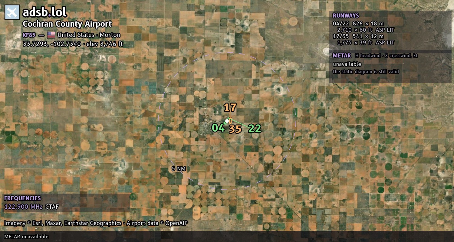 Satellite map with the runway layout of Cochran County Airport (KF85)