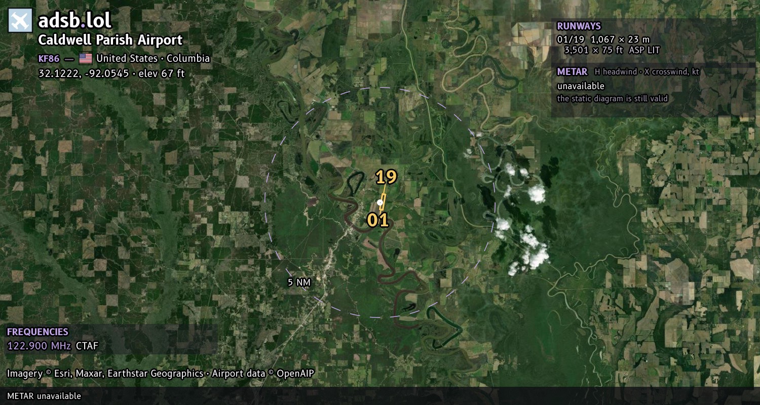 Satellite map with the runway layout of Caldwell Parish Airport (KF86)