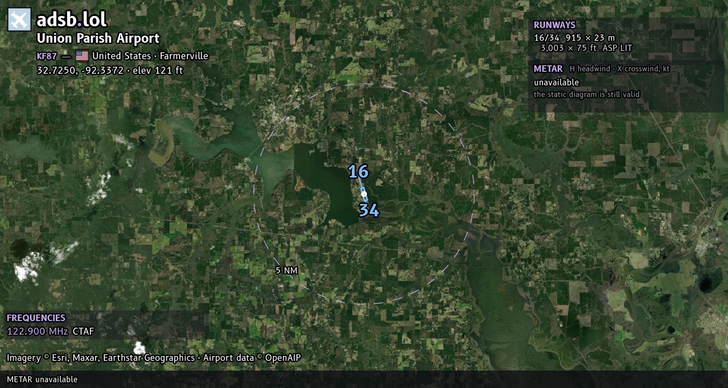Satellite map with the runway layout of Union Parish Airport (KF87)