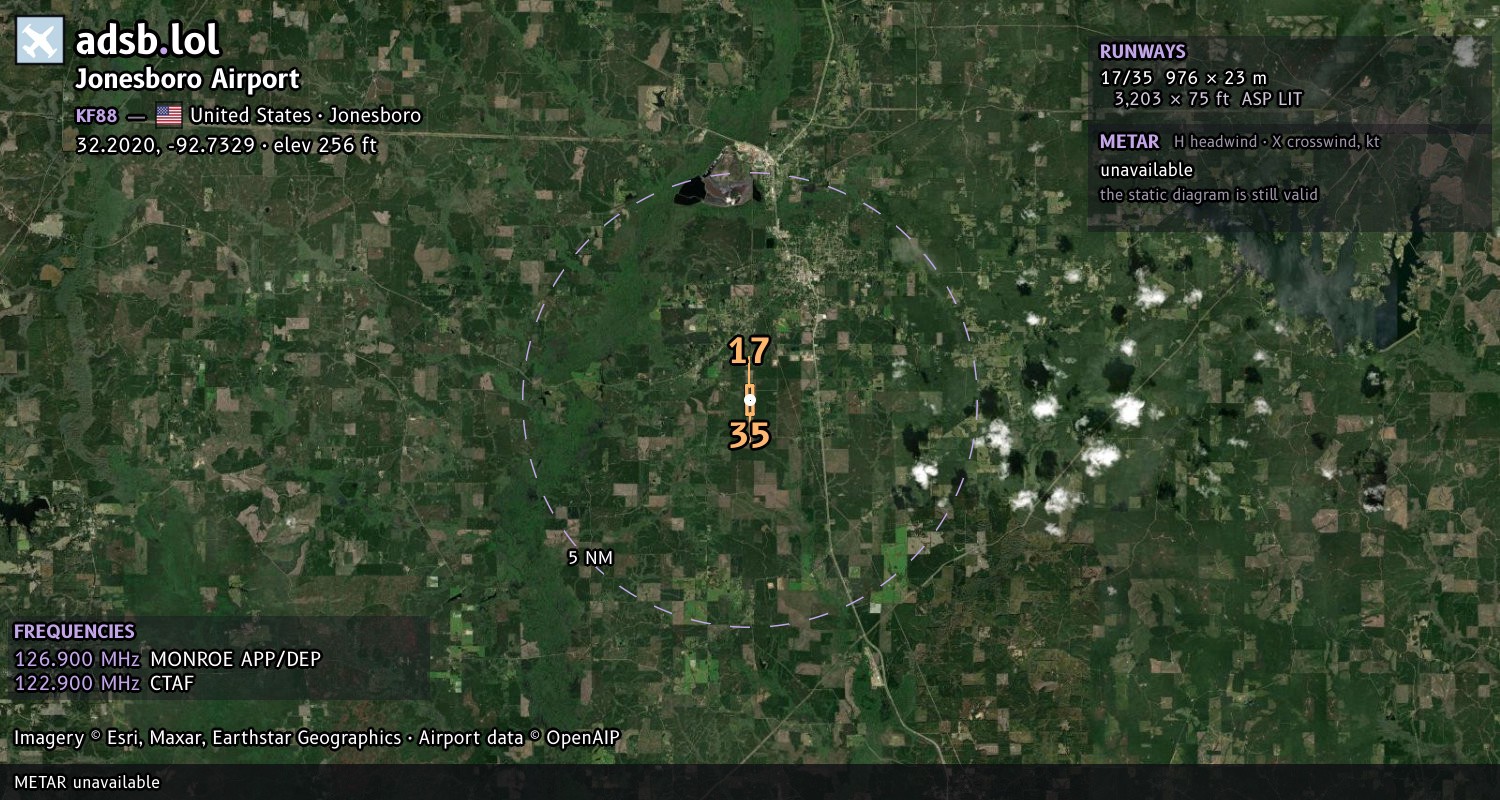 Satellite map with the runway layout of Jonesboro Airport (KF88)
