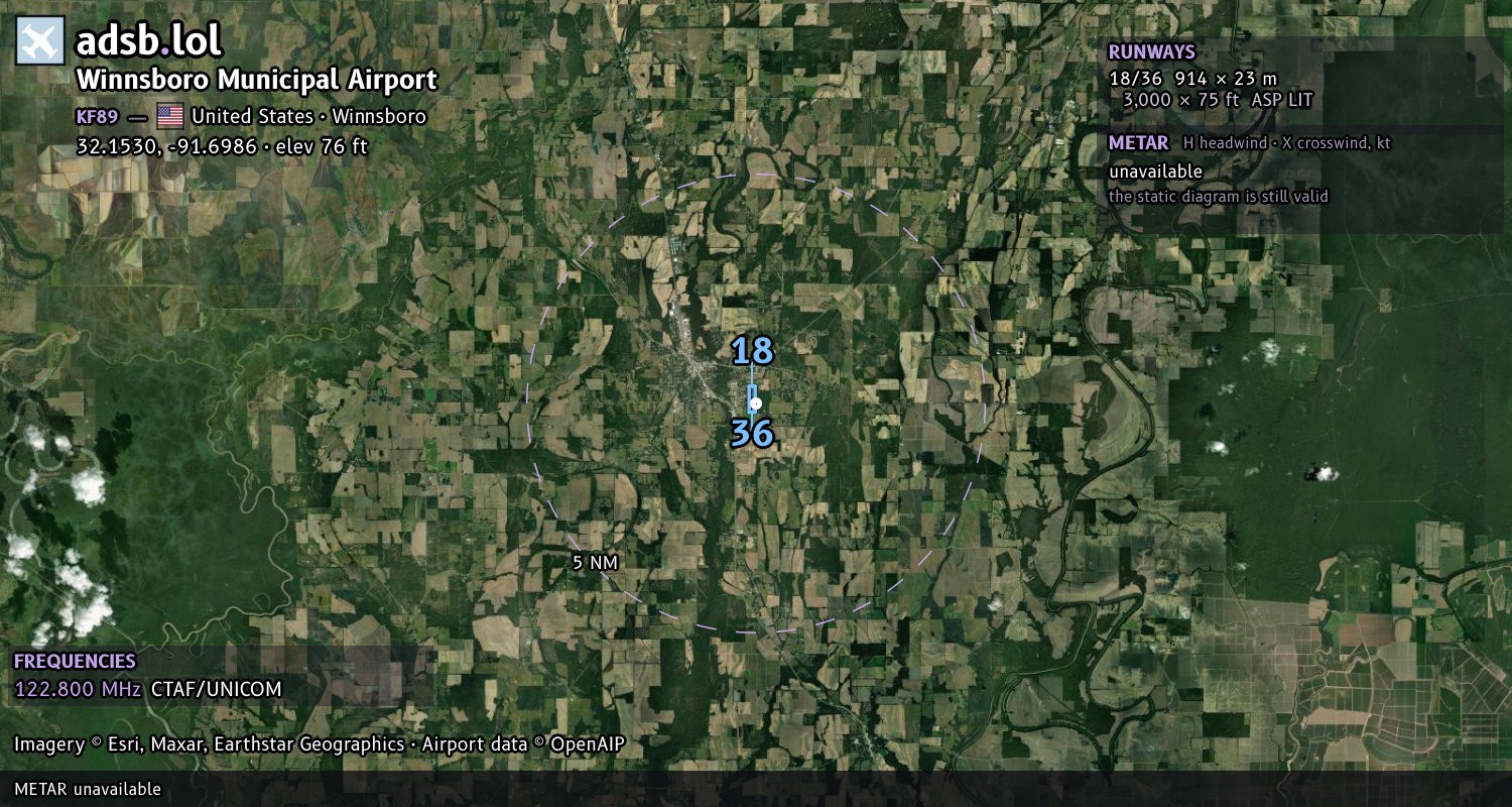 Satellite map with the runway layout of Winnsboro Municipal Airport (KF89)