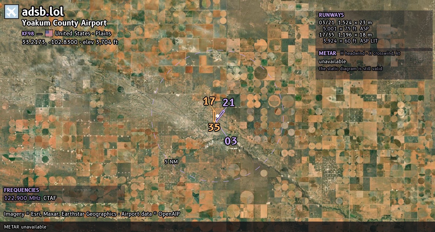 Satellite map with the runway layout of Yoakum County Airport (KF98)
