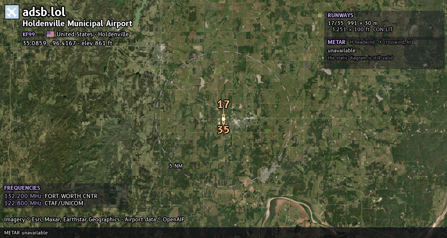 Satellite map with the runway layout of Holdenville Municipal Airport (KF99)